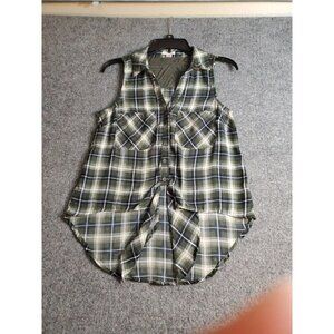 Women Teen Xhilaration Blouse Size Medium M Green Plaid Collared Crochet